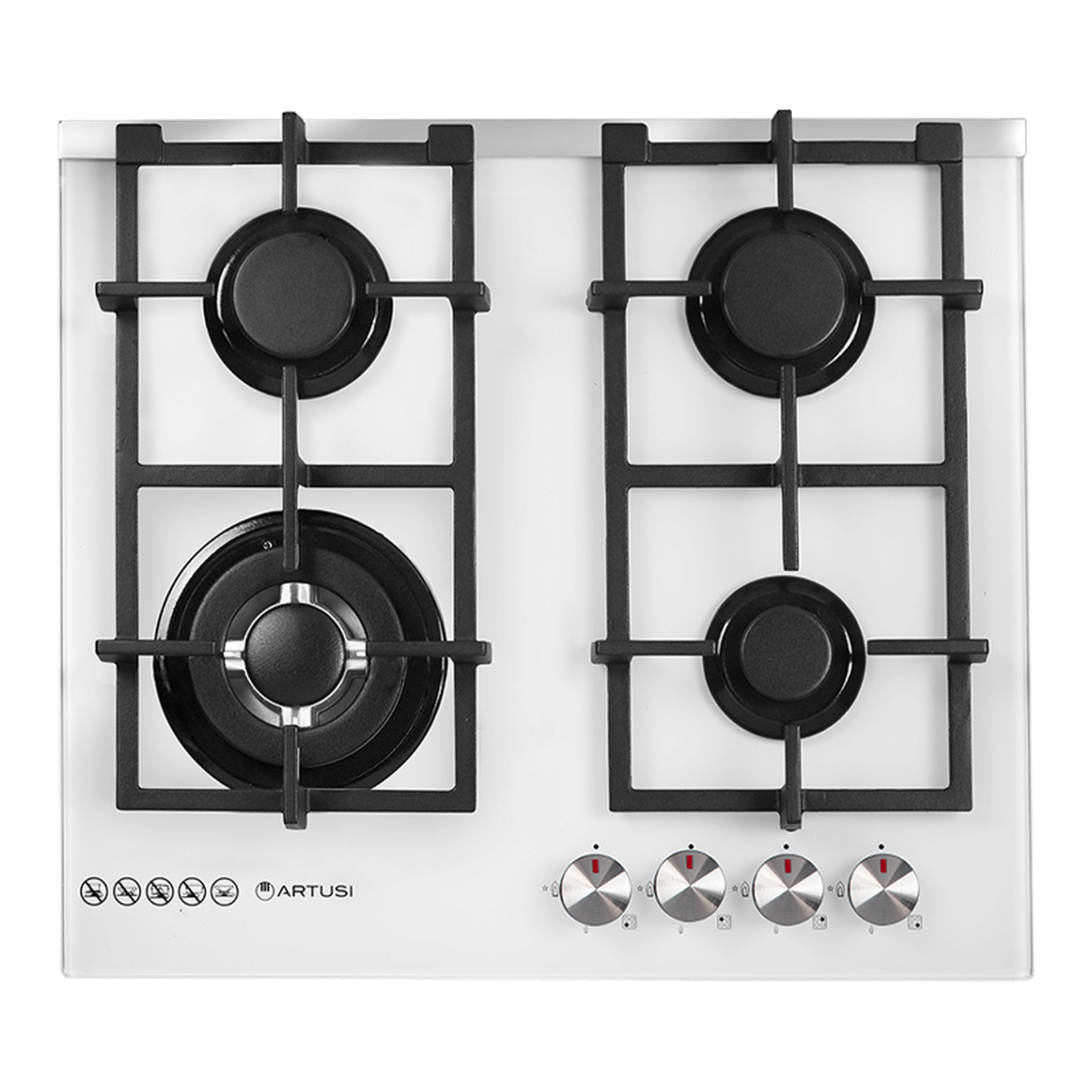CAGH6000W - Feature Image 60cm Gas Cooktop with 4 Burners – White Glass