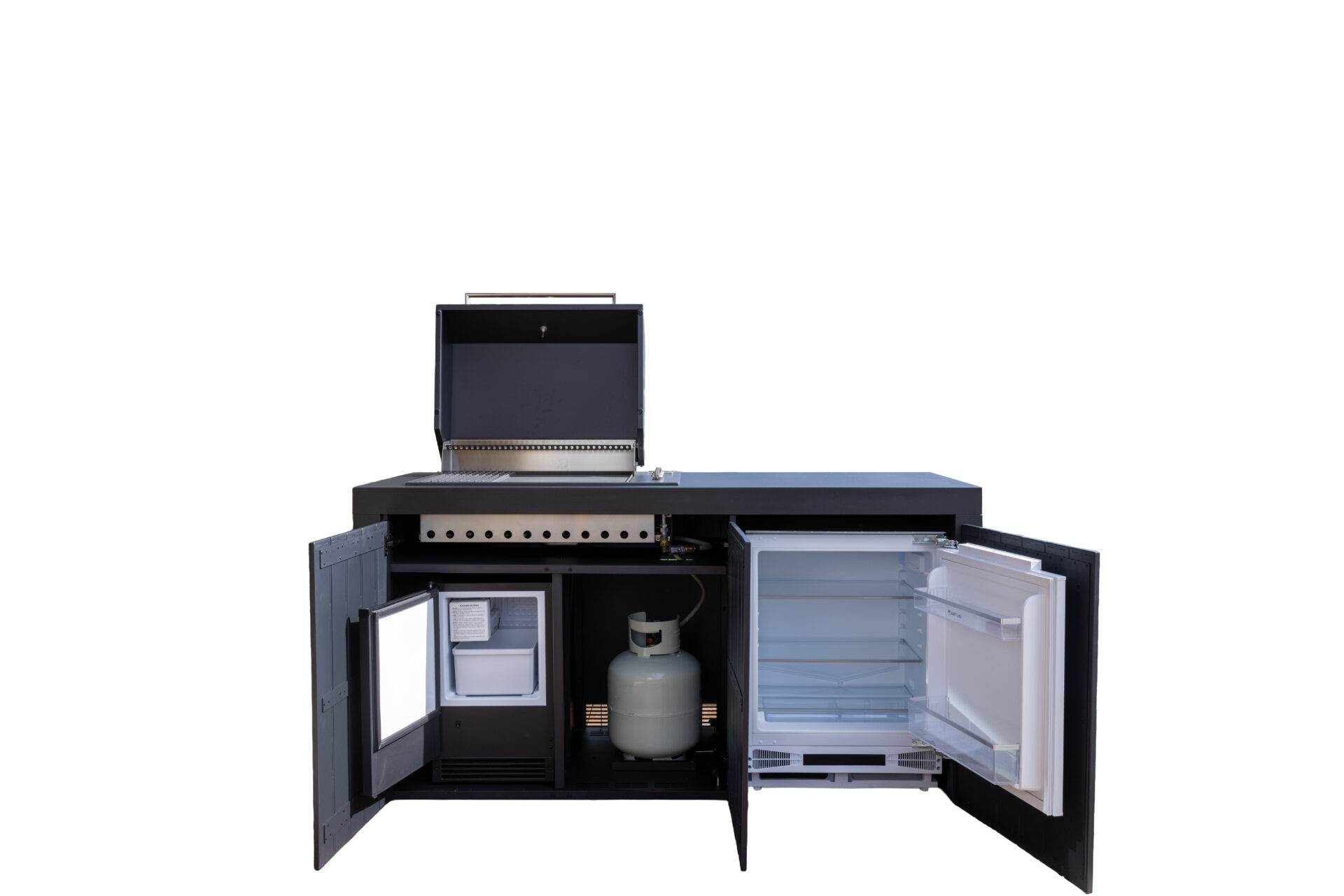 Piazza Outdoor Kitchen with Integrated Bar Fridge and Ice Maker – Matte Black